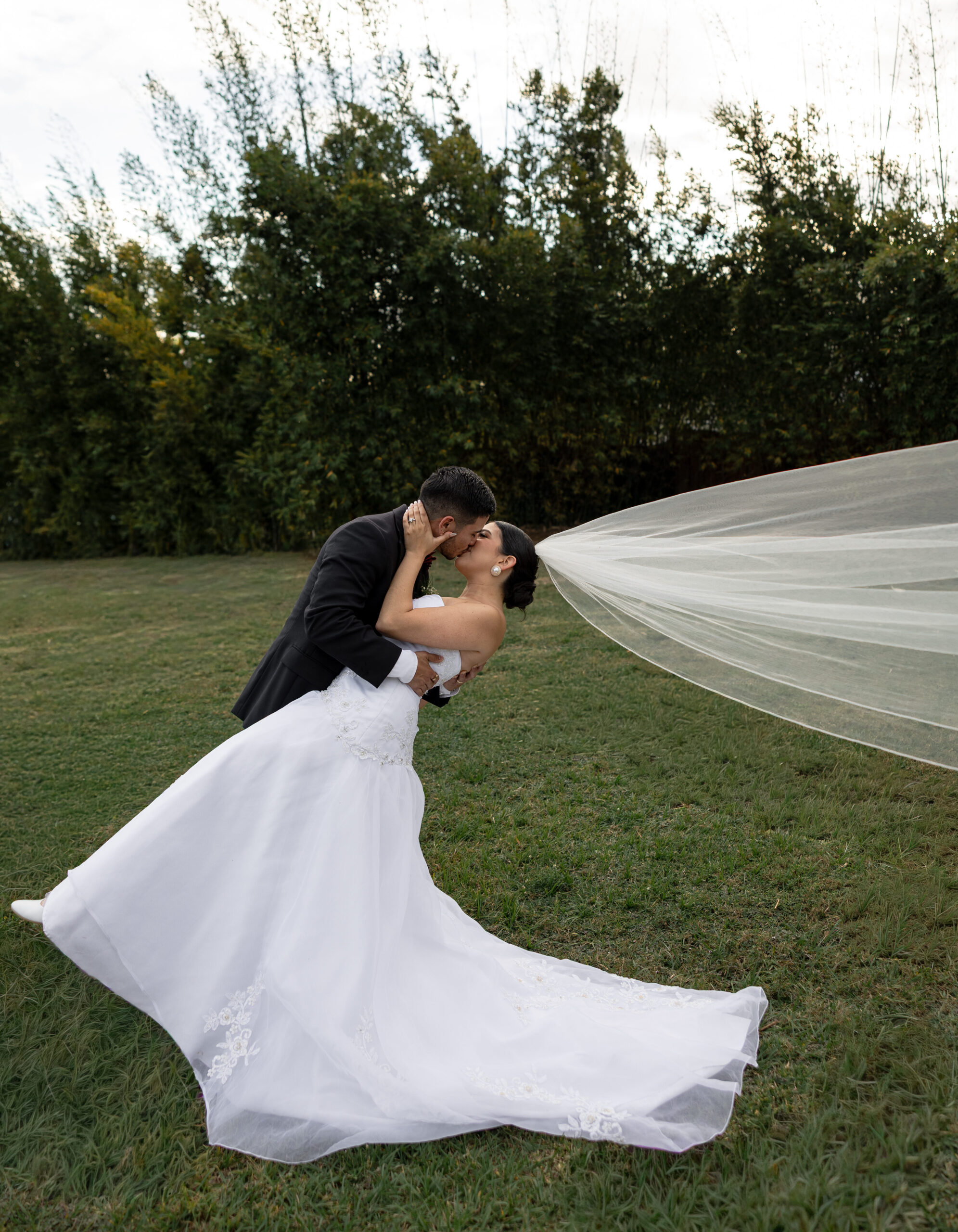 Dylan dipping Karla for a kiss on the lawn at The Hill House, Clermont, FL, her veil trailing across the grass.